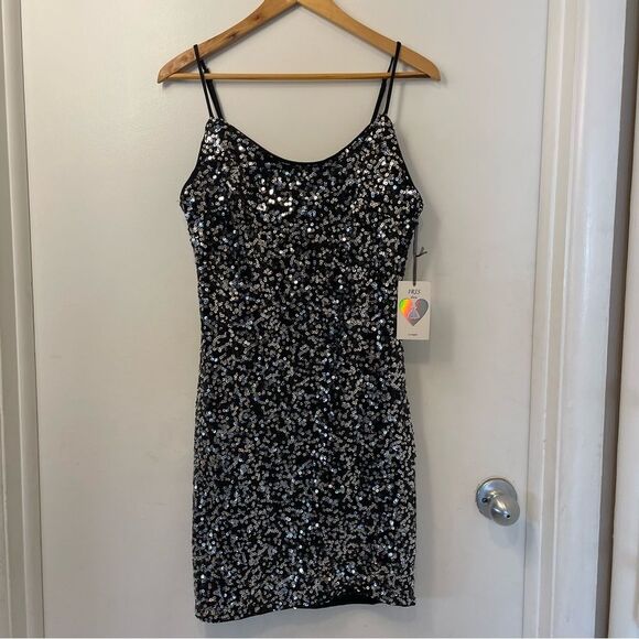 Iris Los Angeles Sexy Shimmer Sequin Women's Mini Dress Black/Silver (Size L) - Picture 3 of 12